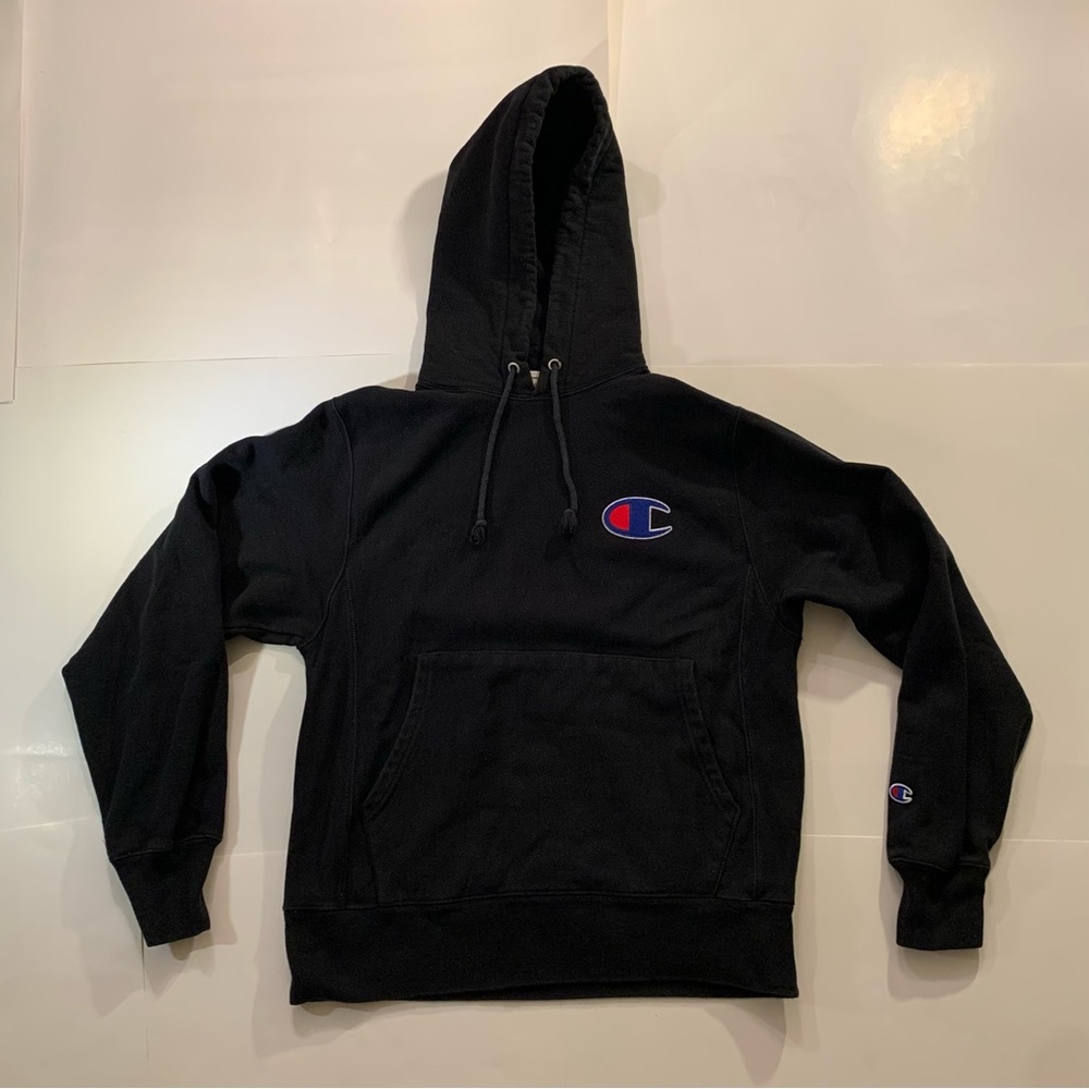 ⚫️ CHAMPION REVERSE WEAVE LOGO BLACK PULLOVER HOODIE MENS SIZE SMALL ⚫️